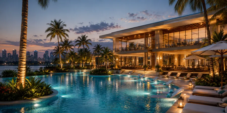 Godrej Verano clubhouse and resort style swimming pool lit up at night with palm trees, Sector 63A Gurgaon