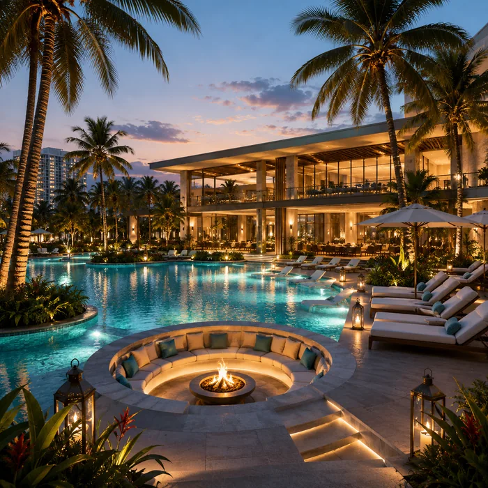 Godrej Verano clubhouse sunken fire pit lounge beside the pool deck