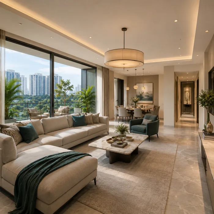 Godrej Verano sample flat living room with floor to ceiling glass and city view, Sector 63A Gurgaon