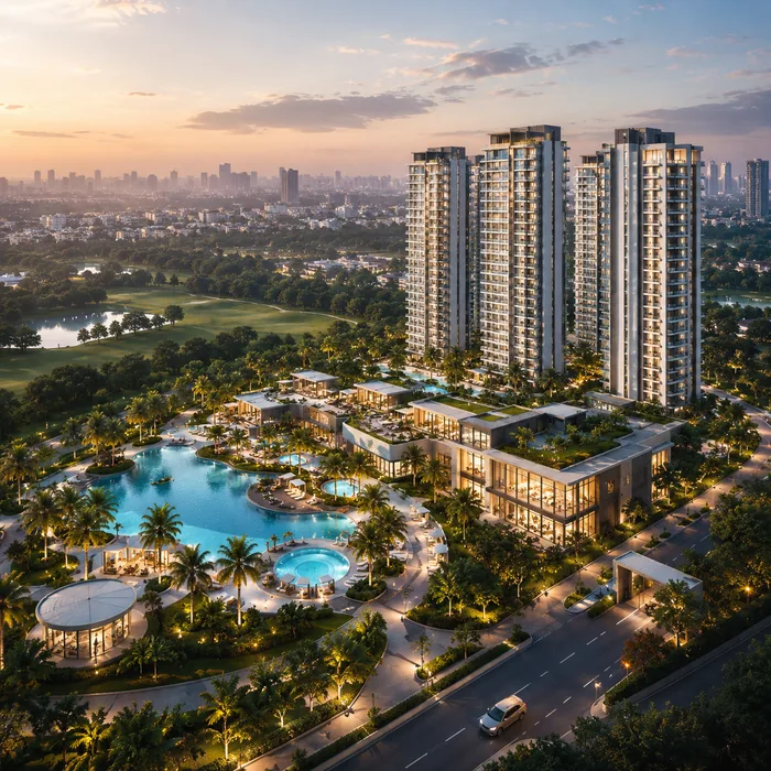 Godrej Verano master plan aerial view showing four towers, central lagoon pool and landscaped greens on 11.36 acres in Sector 63A Gurgaon