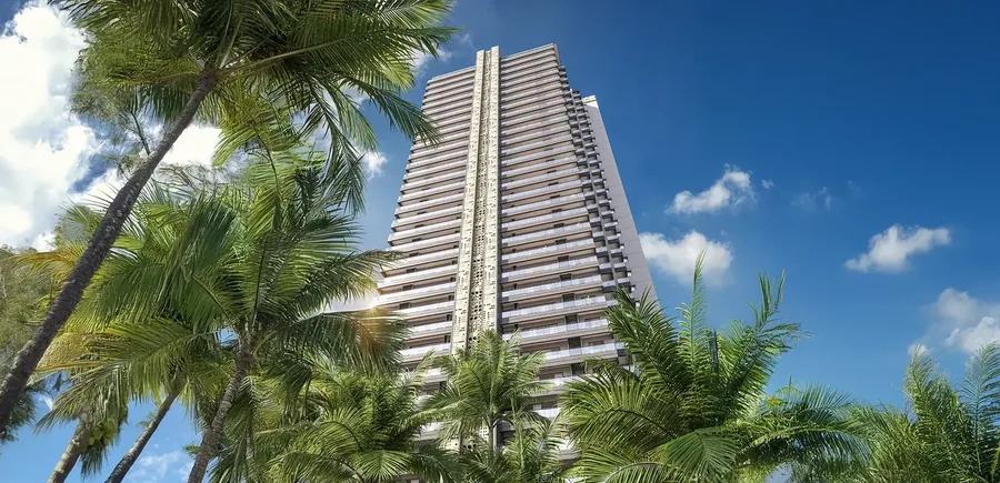 Godrej Verano high rise tower framed by palm trees, Miami inspired design